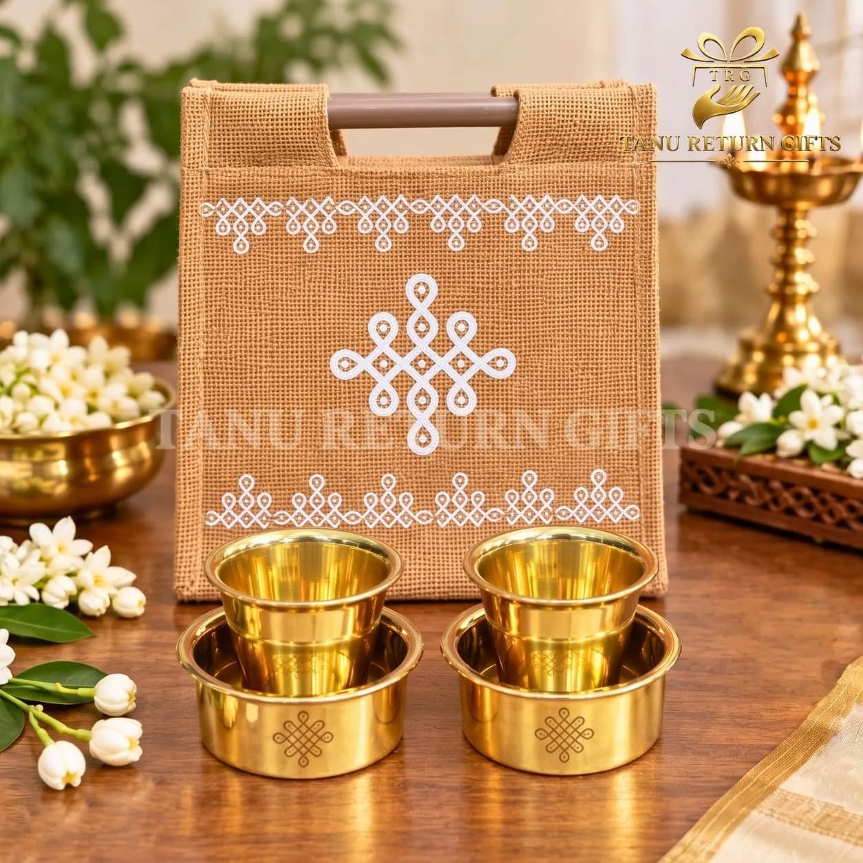 Set of Two Brass Kolam Dabara Sets with Kolam Jute Bag - Navratri Special Combo - Image 1