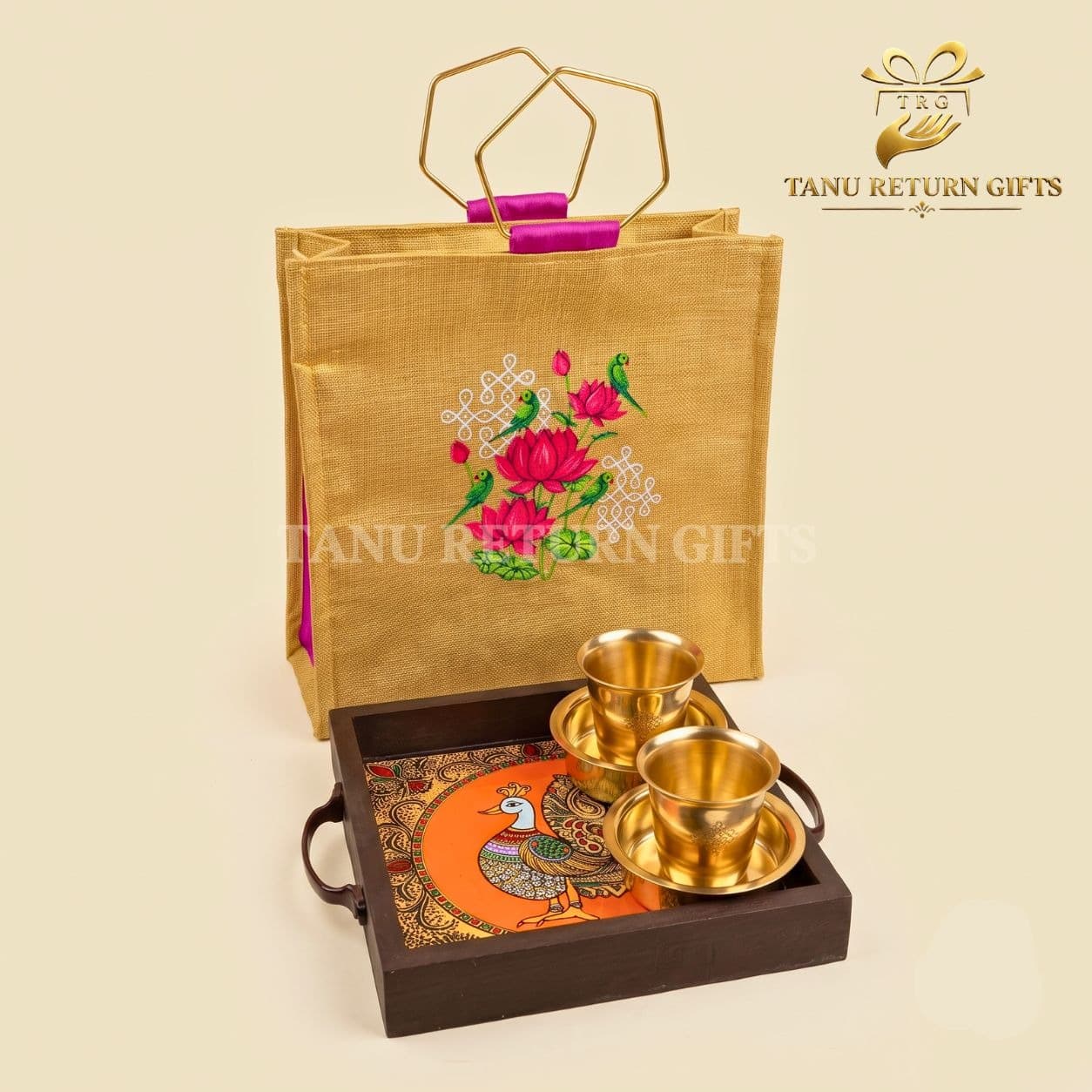 Brass Dabara Set and Wooden Peacock Tray with Parrot Printed Gold Tissue Jute Bag - Combo - Image 3