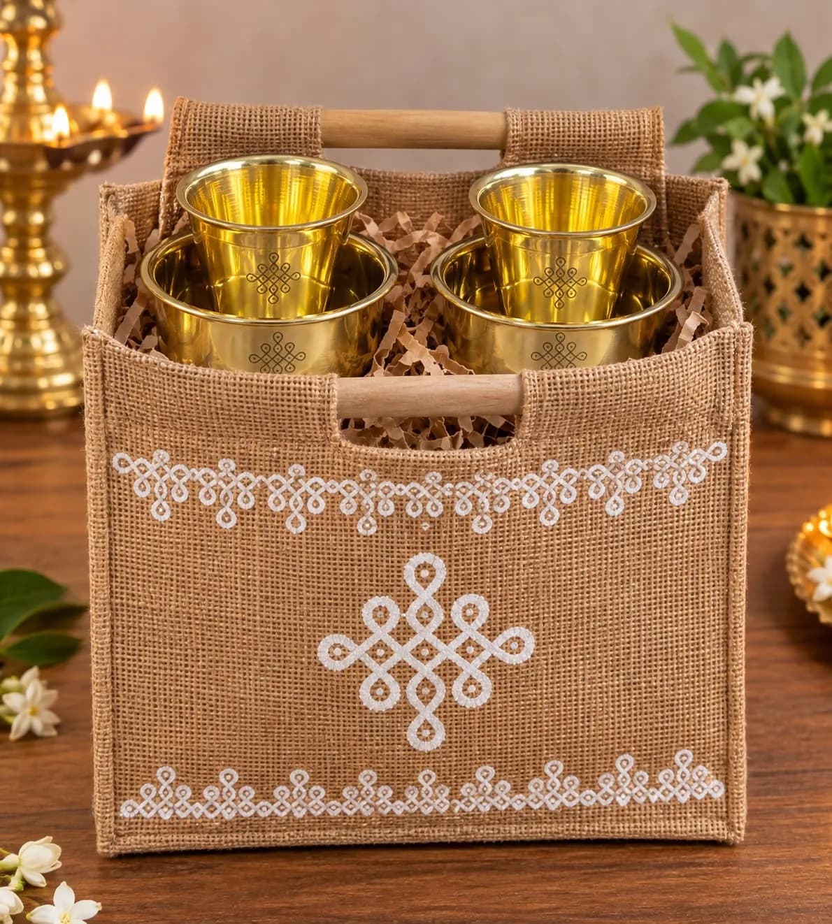 Set of Two Brass Kolam Dabara Sets with Kolam Jute Bag - Navratri Special Combo - Image 2