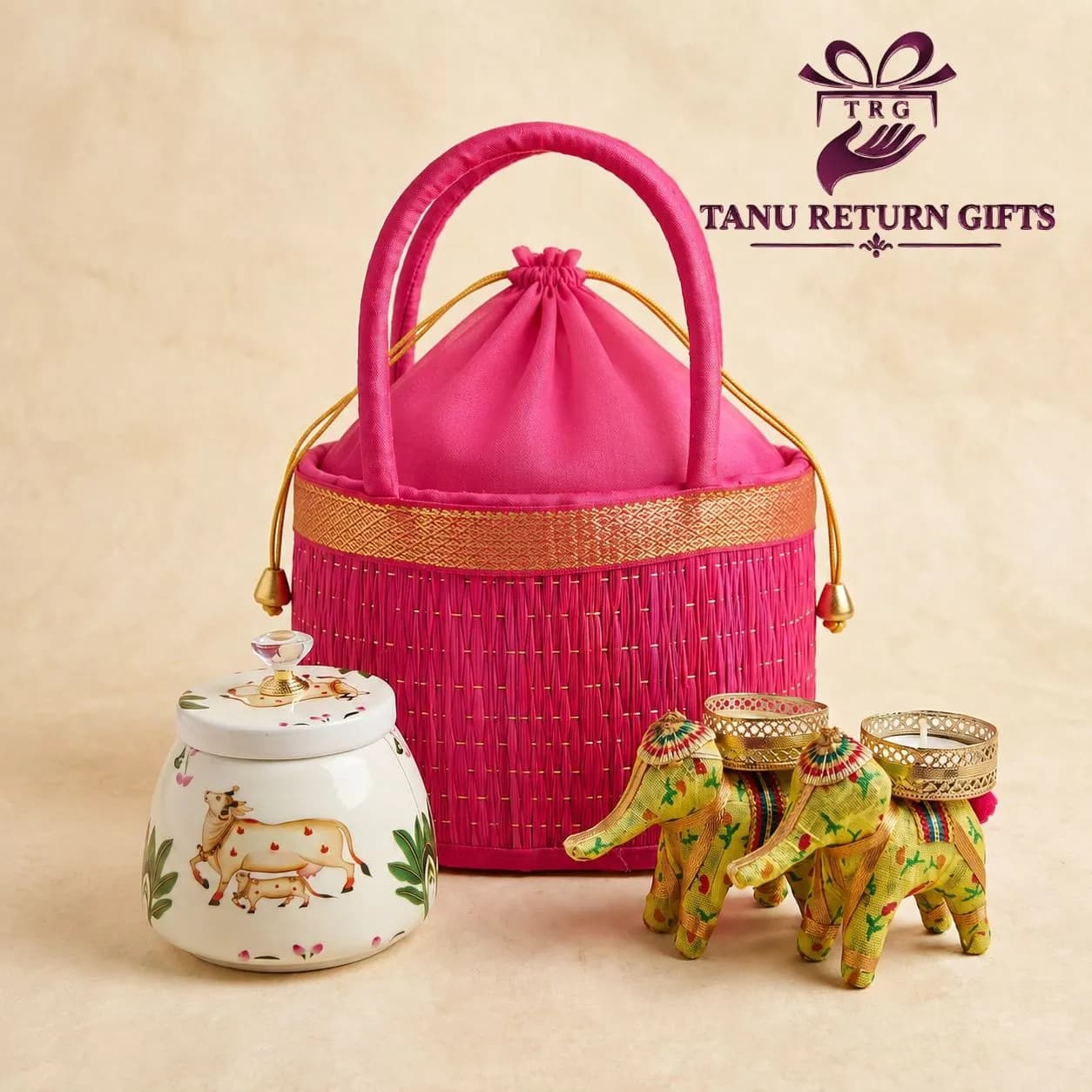 Korai Basket with Pichwai Jar & Elephant Candle Set - Navratri Special Combo - Image 1