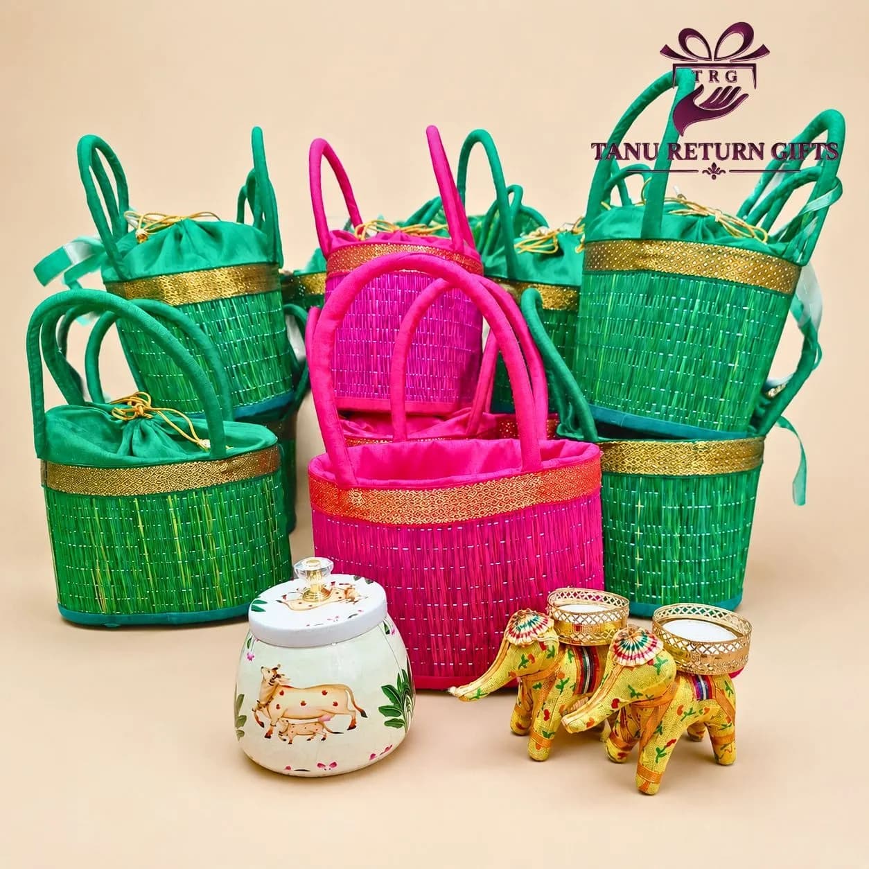 Korai Basket with Pichwai Jar & Elephant Candle Set - Navratri Special Combo - Image 2
