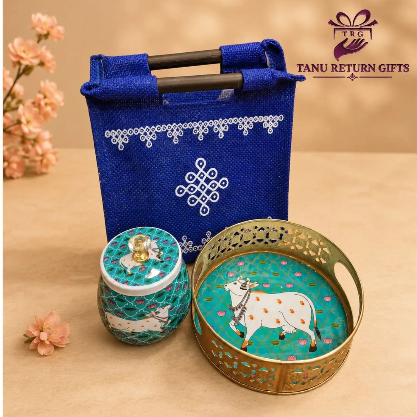 Pichwai Jar and Tray with Jute Bag - Housewarming Gift - Image 3