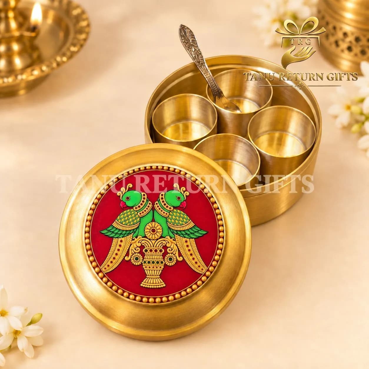 Brass Puja Box with Parrot Print - 4.5 Inch - Image 3