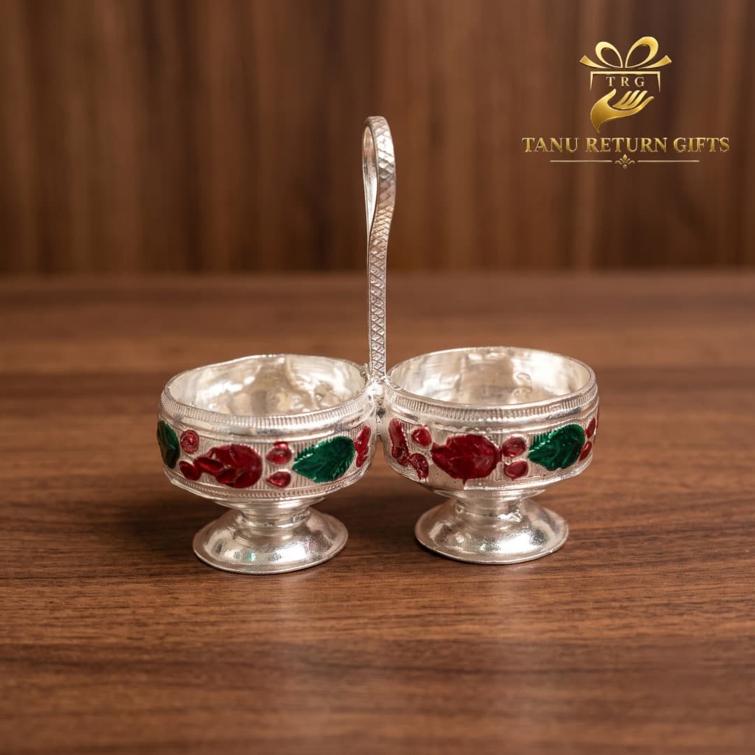German Silver Meenakari Haldi Kumkum Stand - Image 2