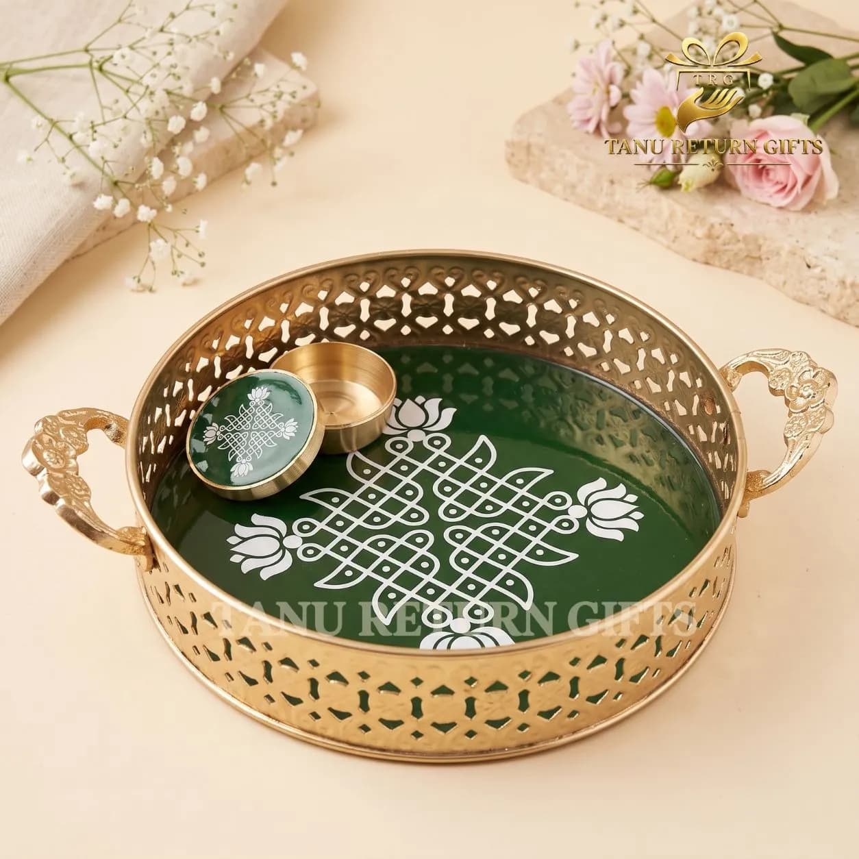 Kolam Tray 8 Inch with Brass Kolam Kumkum Dibbi Thamboolam Gift Combo - Image 2