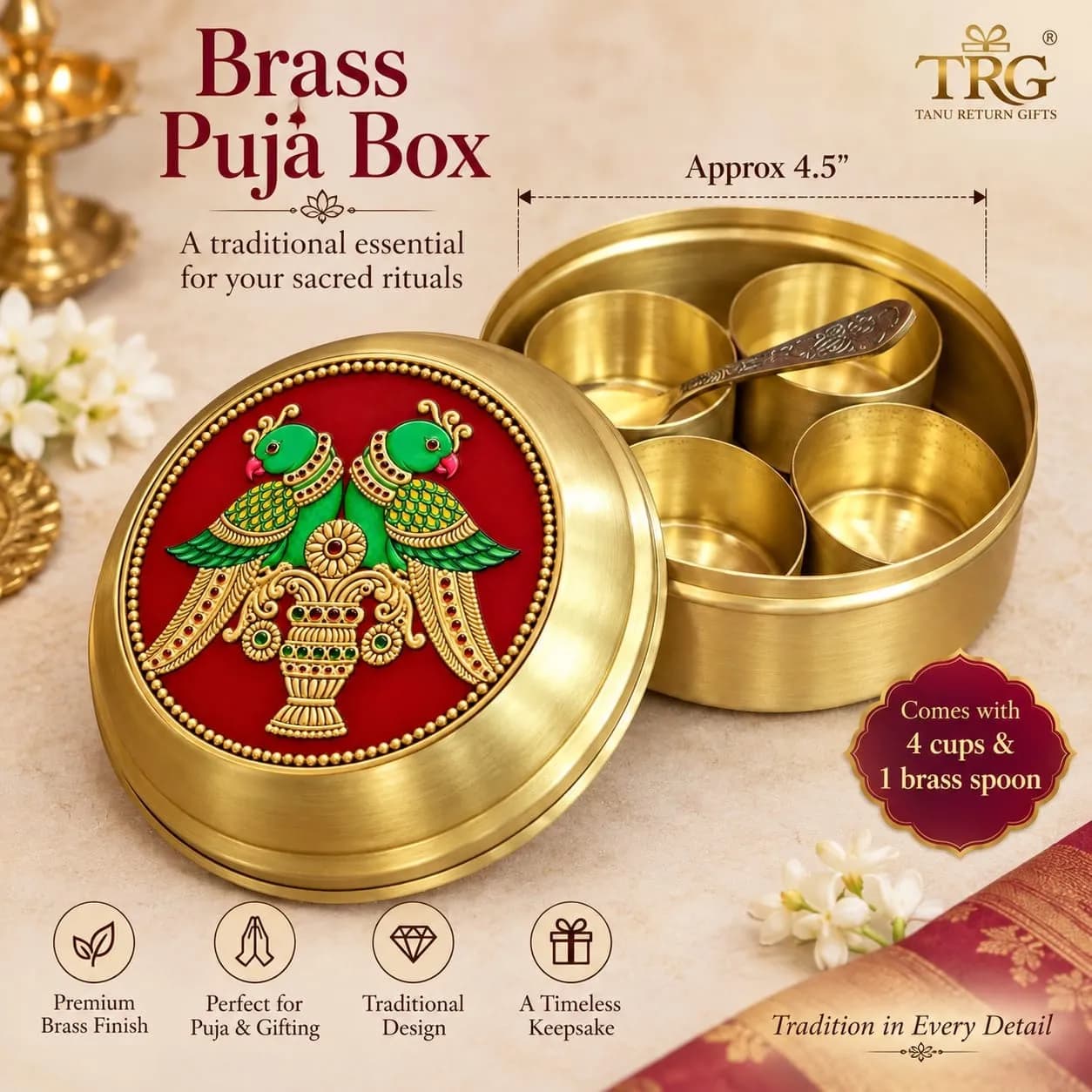 Brass Puja Box with Parrot Print - 4.5 Inch