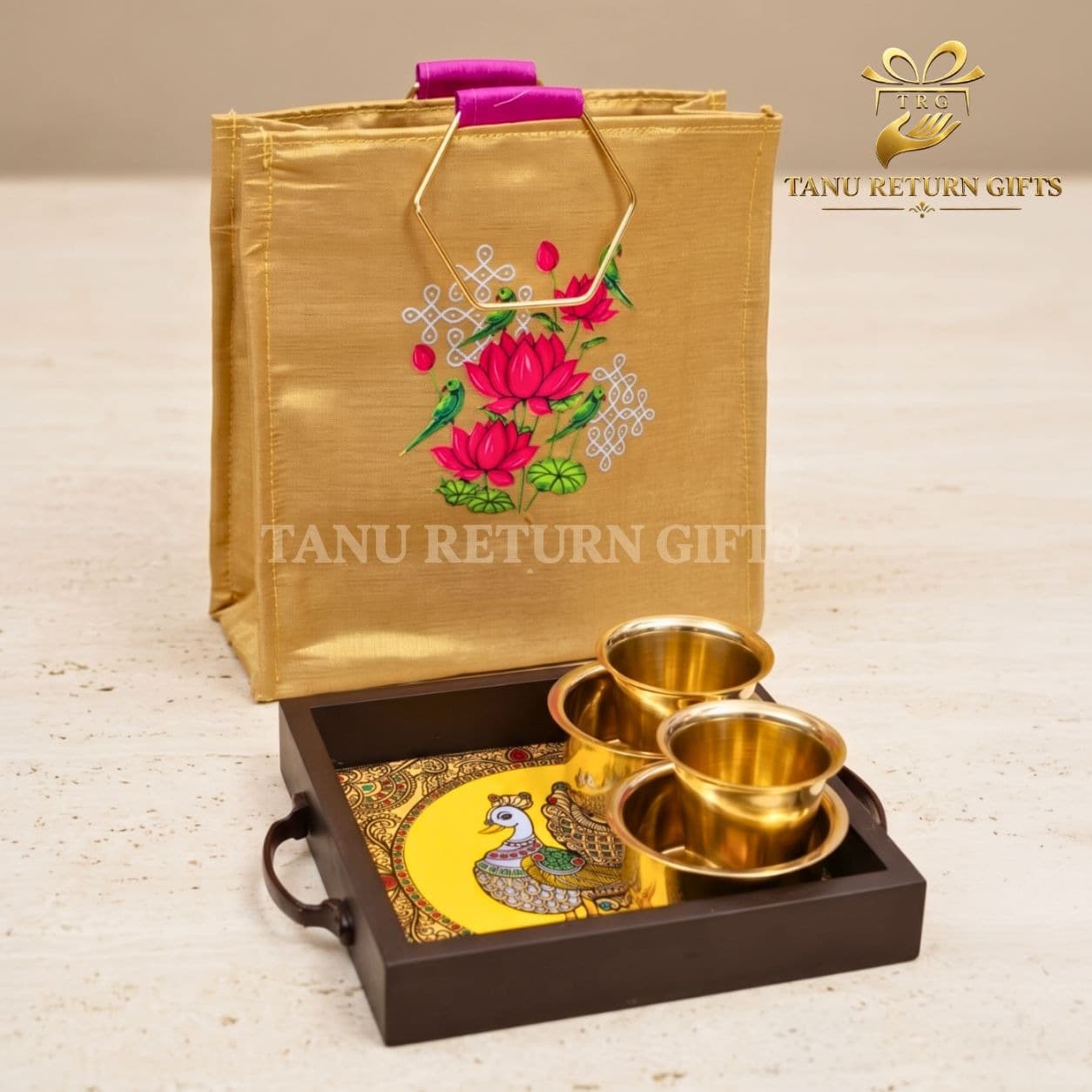 Brass Dabara Set and Wooden Peacock Tray with Parrot Printed Gold Tissue Jute Bag - Combo - Image 2