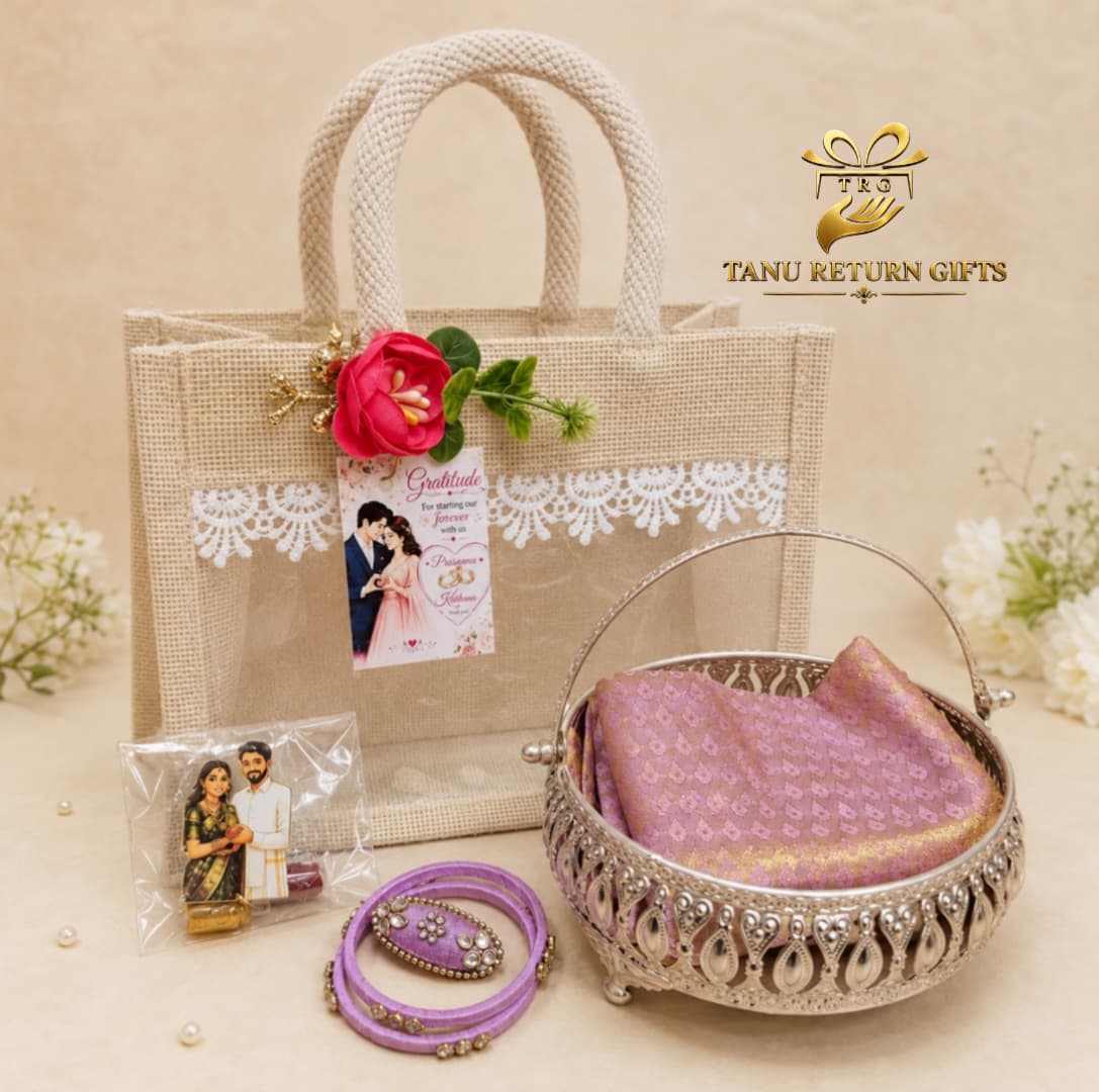 German Silver Basket with Jute Bag, Blouse Bit & Accessories - Wedding Thamboolam Combo