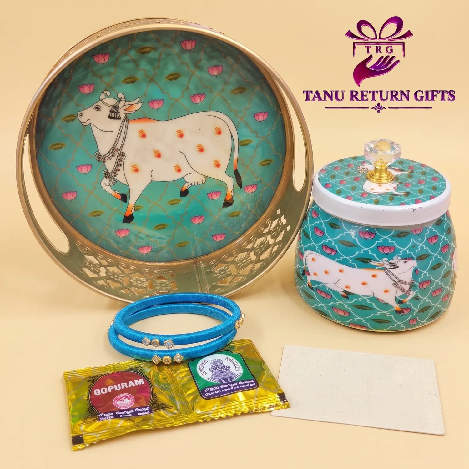 Pichwai Jar and Tray with Bangles Gift Set - Puja Combo 2