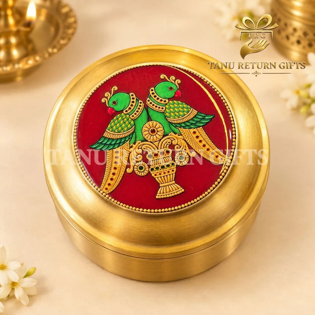 Brass Puja Box with Parrot Print - 4.5 Inch - Image 2
