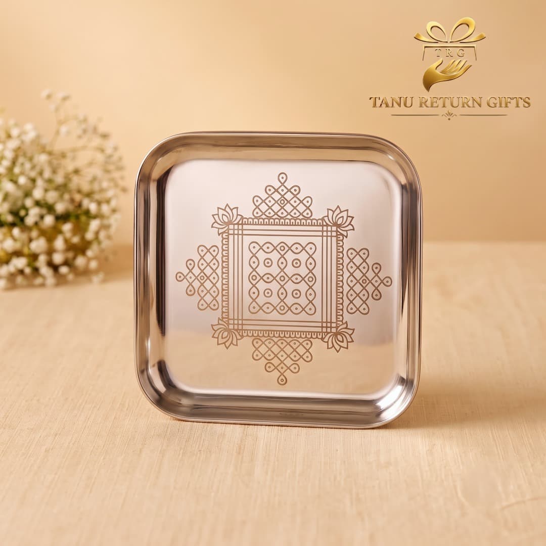 Stainless Steel Square Plate with Padi Kolam Design - 7 Inch(Padi Kolam) - Image 1