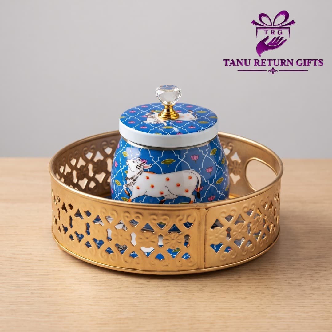 Pichwai Round Tray with Pichwai Jar