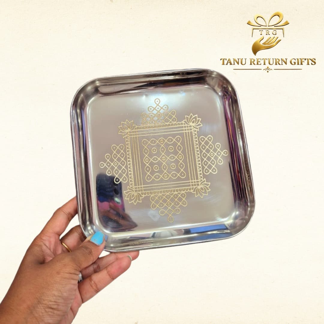 Stainless Steel Square Plate with Padi Kolam Design - 7 Inch(Padi Kolam) - Image 2