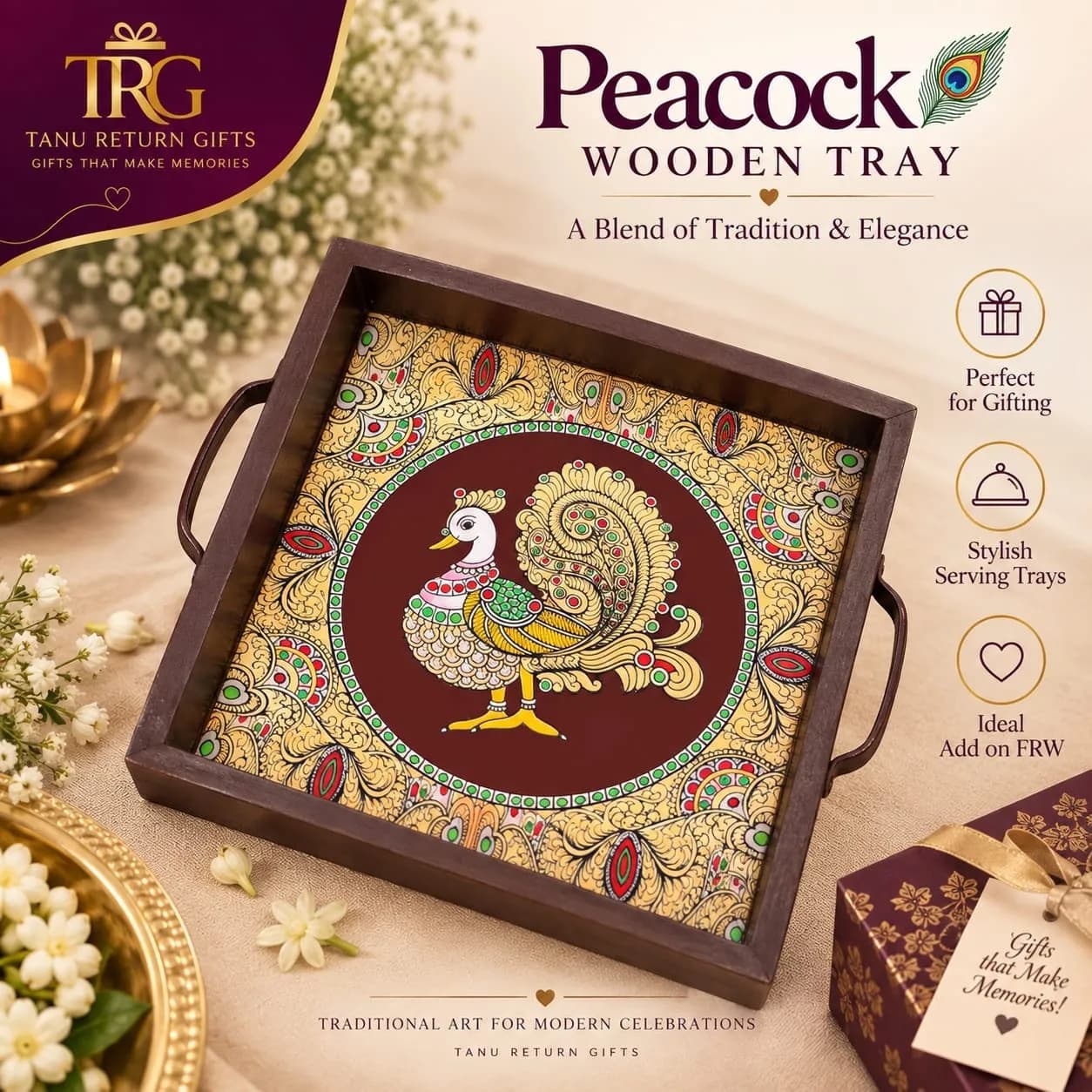 Wooden Peacock Square Tray - 8 Inch - Image 2