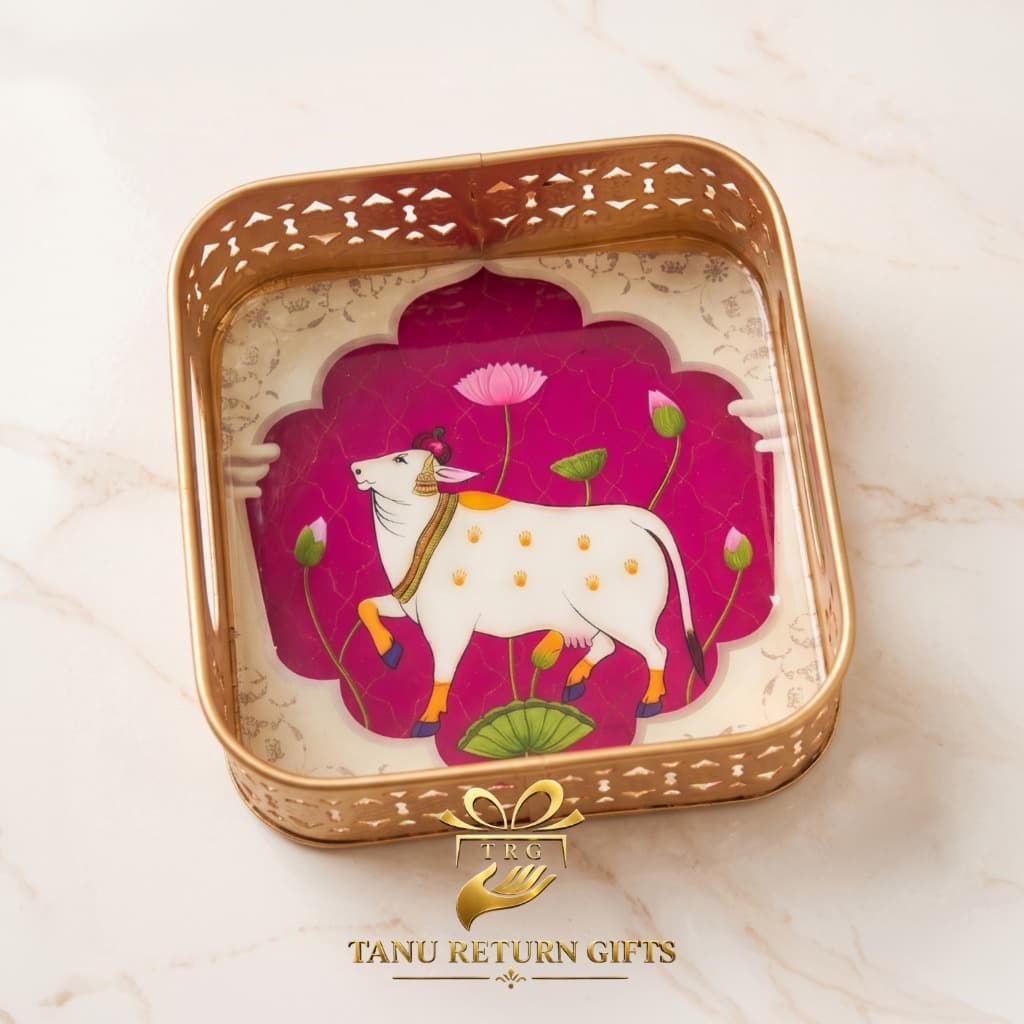 Pichwai Floral Square Metal Tray - Image 1