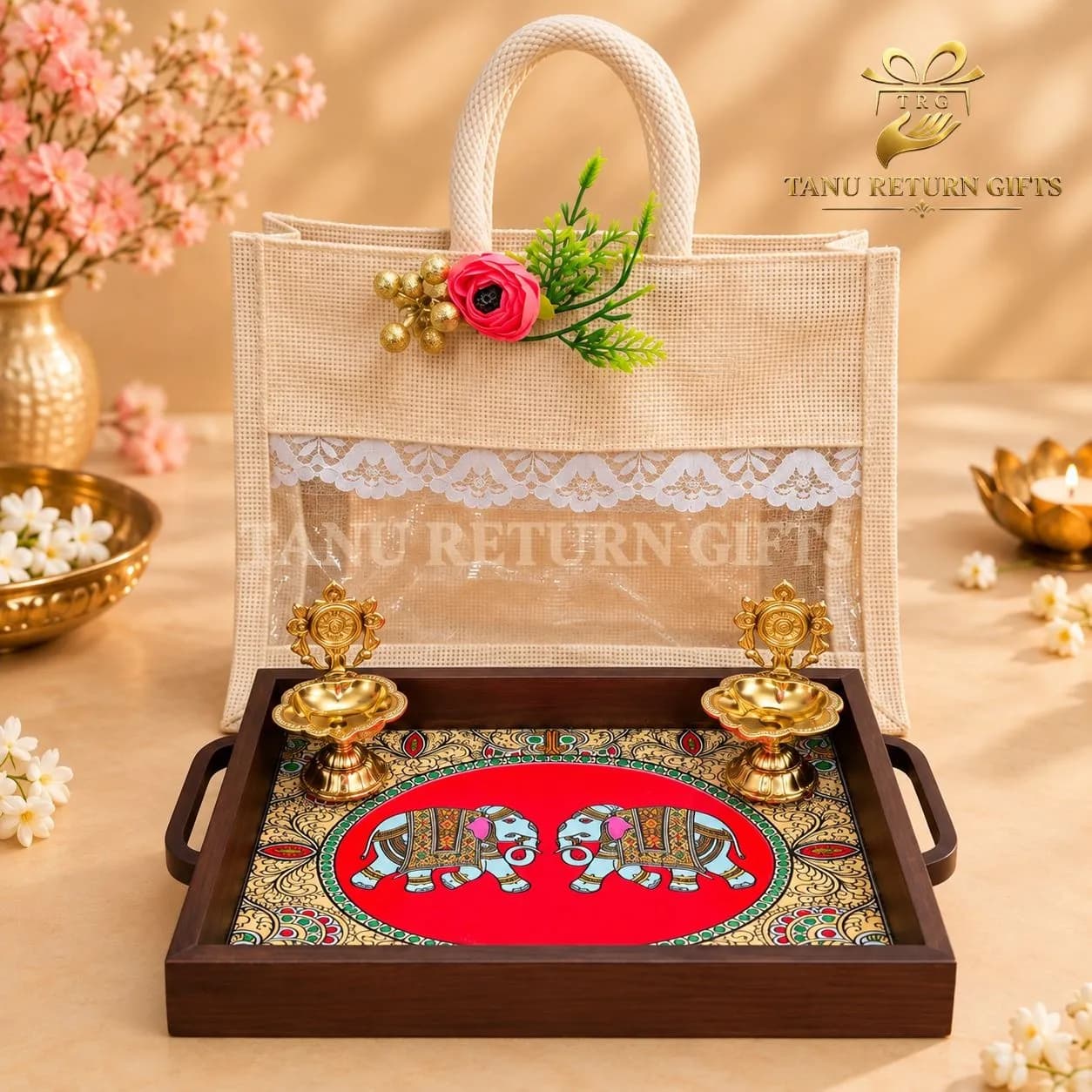 Elephant Wooden Tray with Sangu Chakra Diya Pair and Window Flower Jute Bag