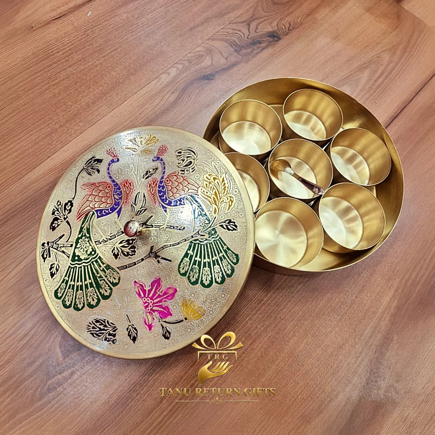 Brass Spice Box with Meenakari Peacock Lid - 8 Inch