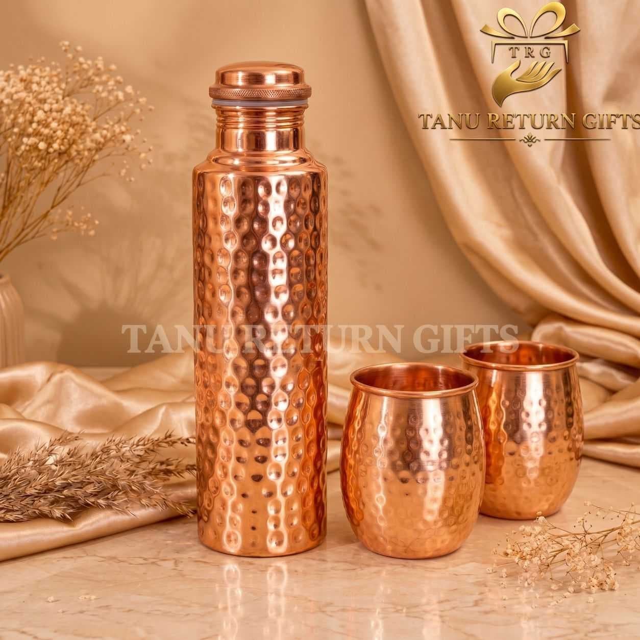 Hammered Copper Water Bottle with Two Cups - Image 1