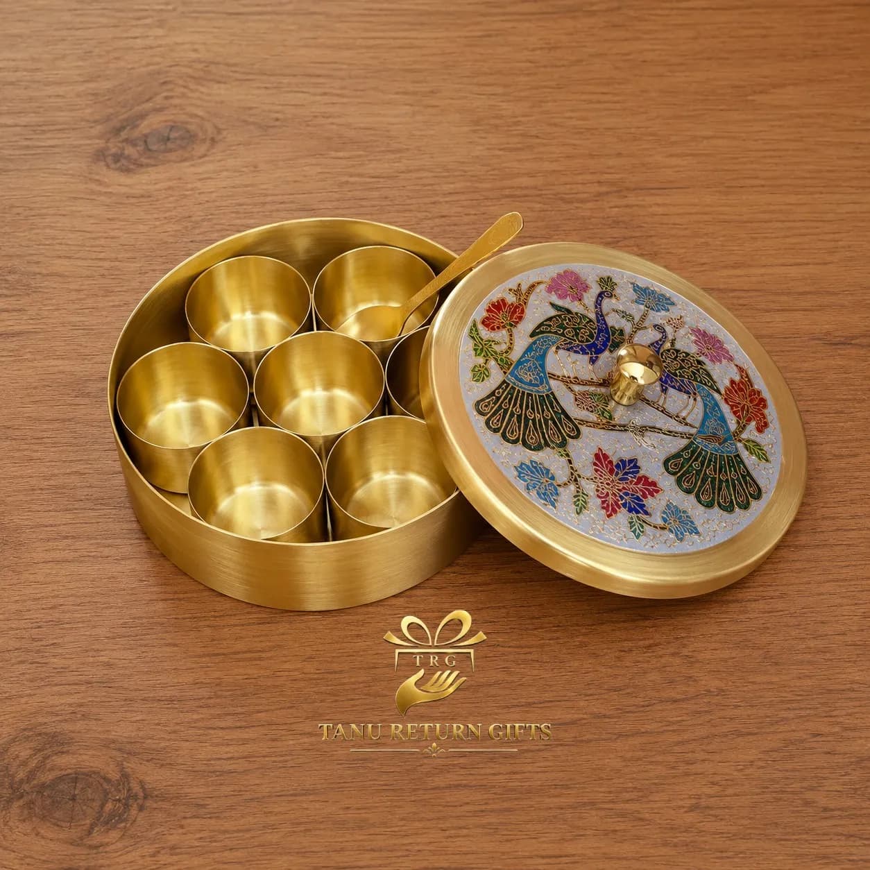 Brass Spice Box with Meenakari Peacock Lid – 5 Inch