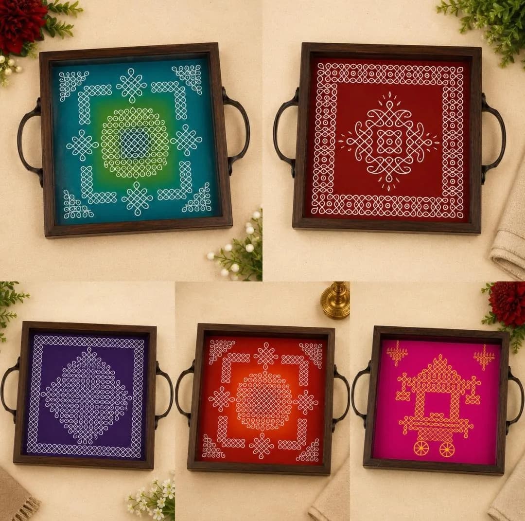 Wooden Kolam Tray with Handle - 6 Inch - Image 1