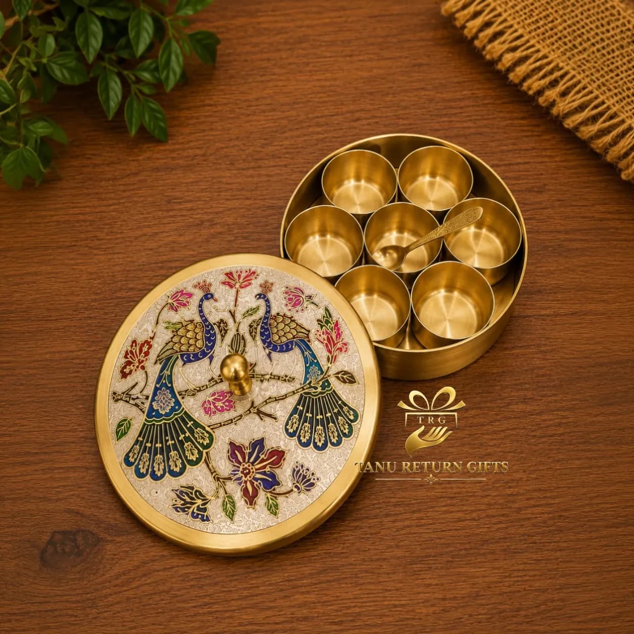 Brass Spice Box with Meenakari Peacock Lid – 6 Inch