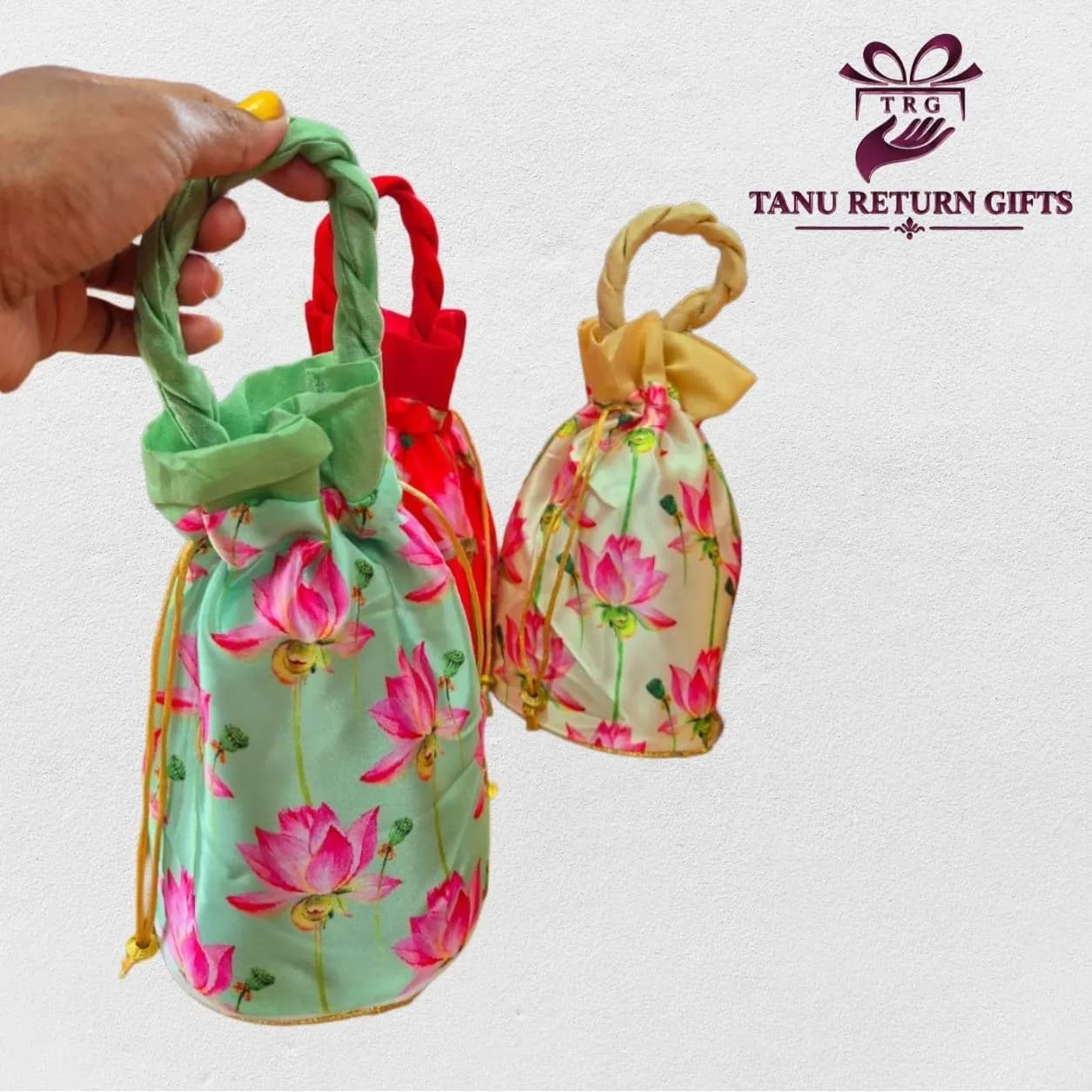 Satin Potli Bag with Lotus Design - Image 3