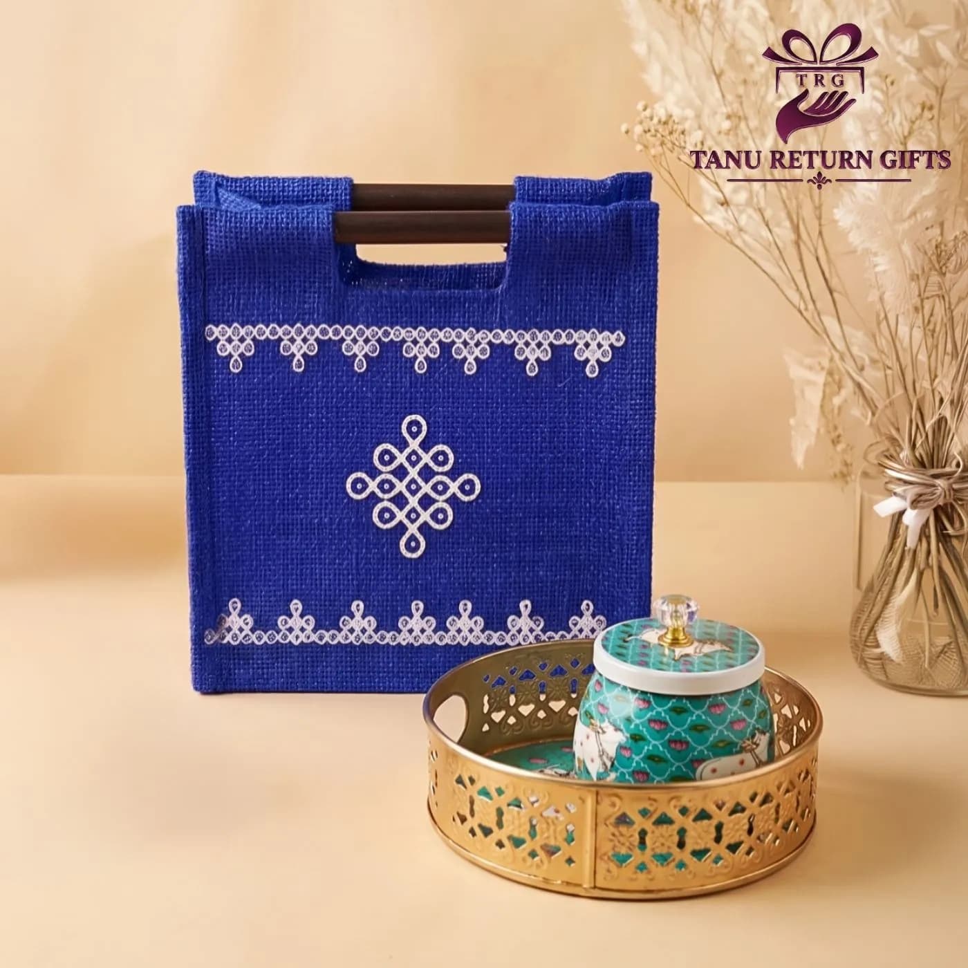 Pichwai Jar and Tray with Jute Bag - Housewarming Gift