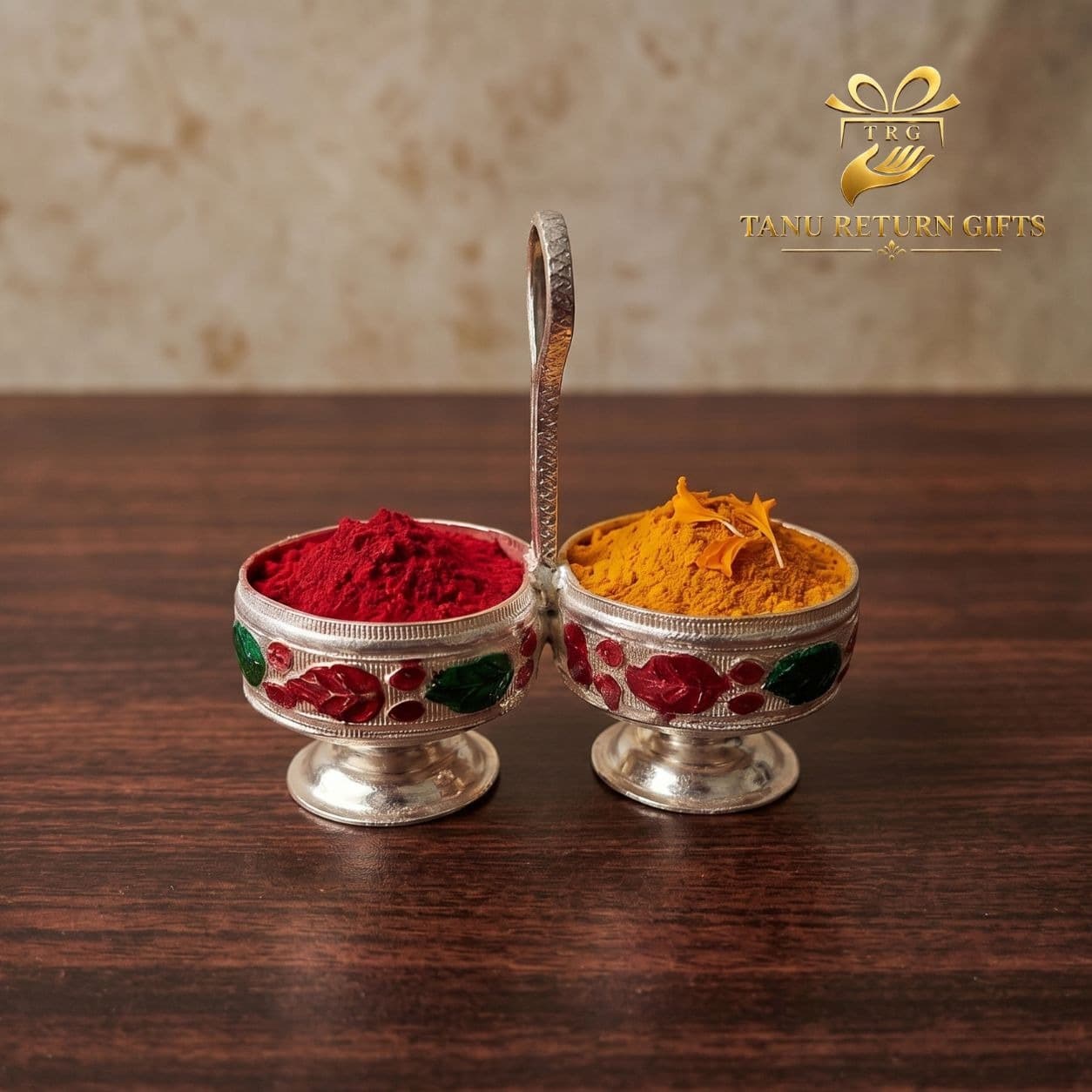 German Silver Meenakari Haldi Kumkum Stand - Image 3