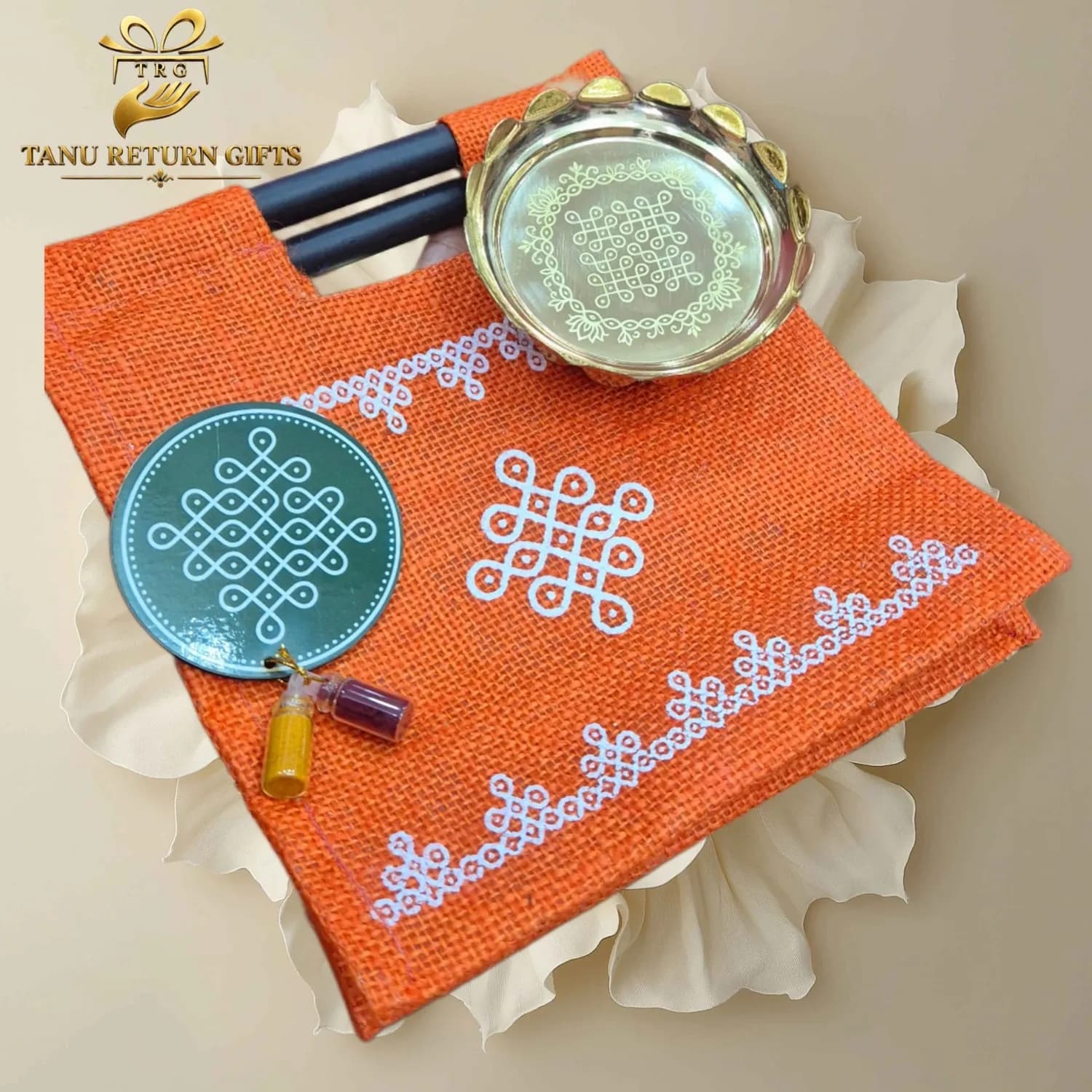 Kolam Brass Stand with Kolam Jute Bag - Puja Combo 14 - Image 3