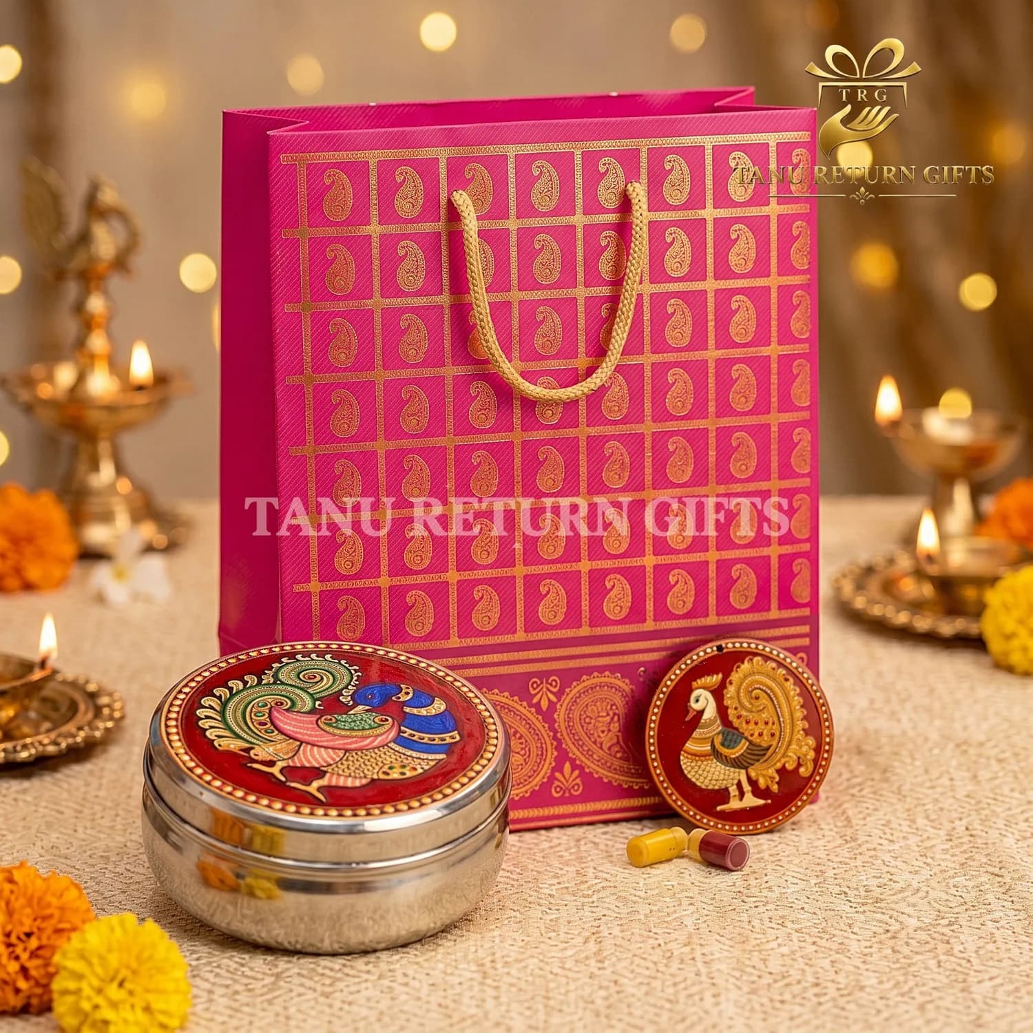 Stainless Steel Tiffin Box Tanjore Prints Gift Combo - Image 1
