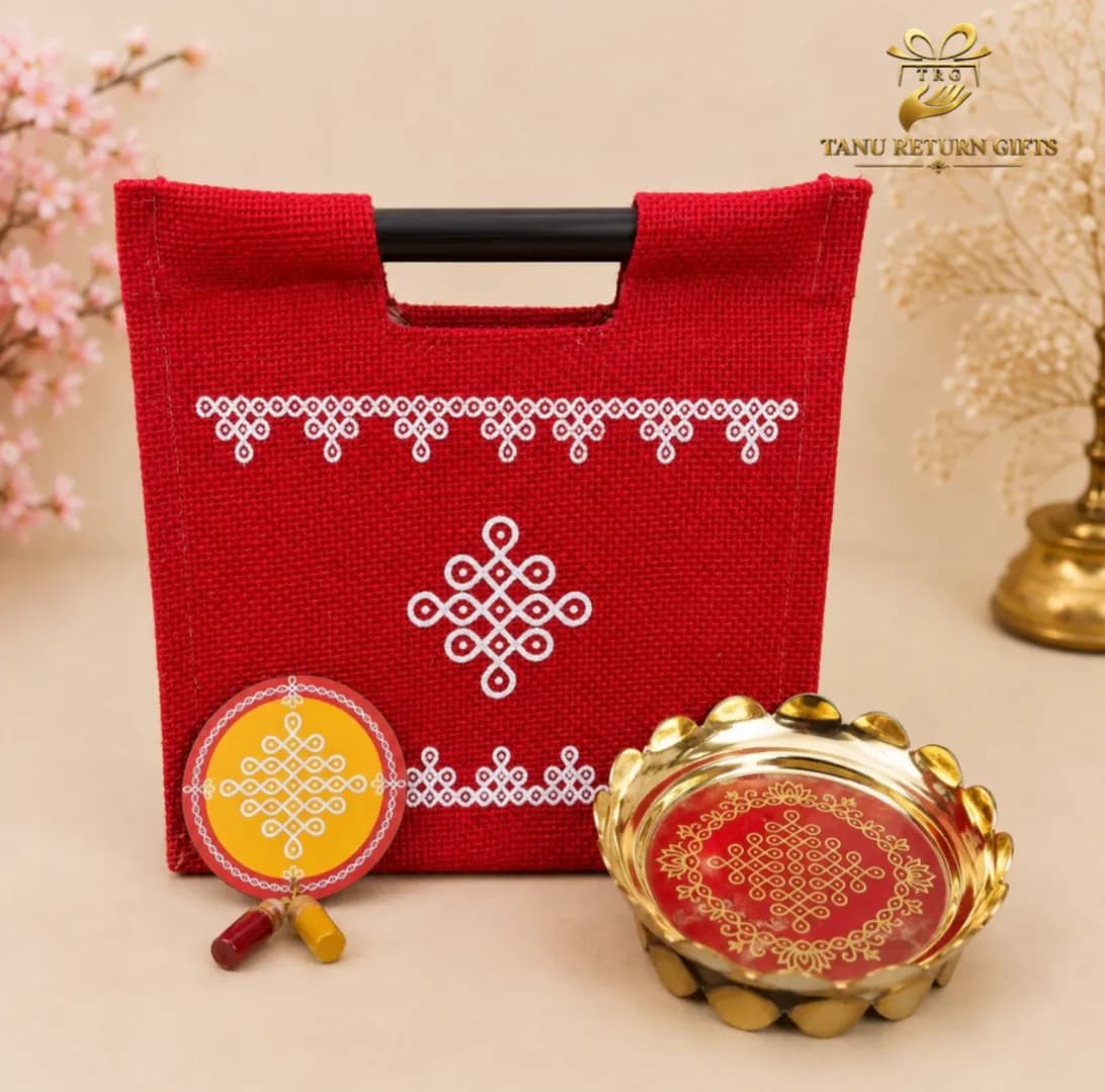 Kolam Brass Stand with Kolam Jute Bag - Puja Combo 14