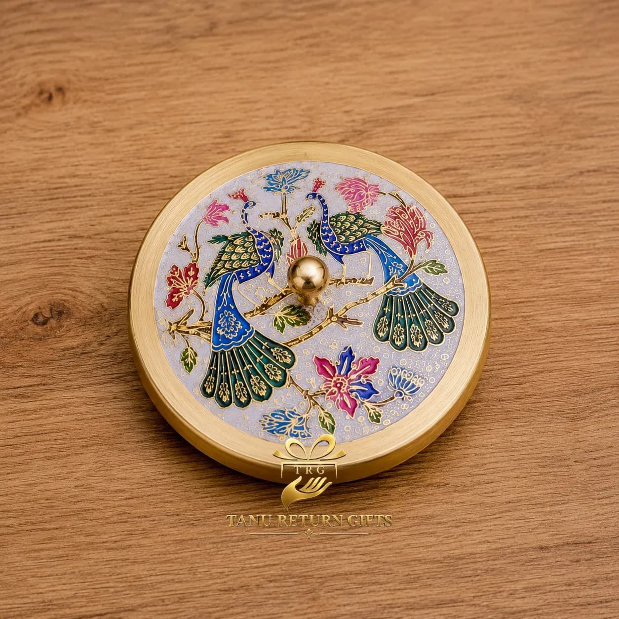 Brass Spice Box with Meenakari Peacock Lid – 5 Inch - Image 2