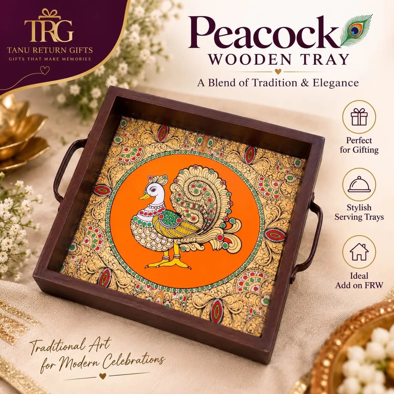 Wooden Peacock Square Tray - 8 Inch