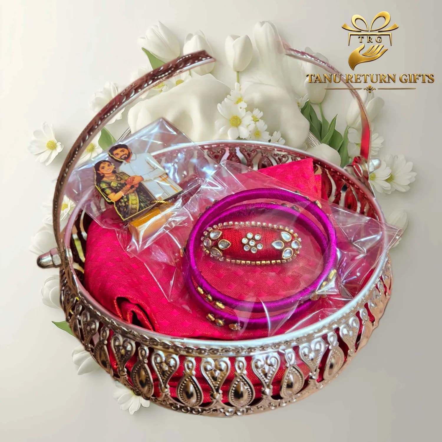 German Silver Basket with Jute Bag, Blouse Bit & Accessories - Wedding Thamboolam Combo - Image 2