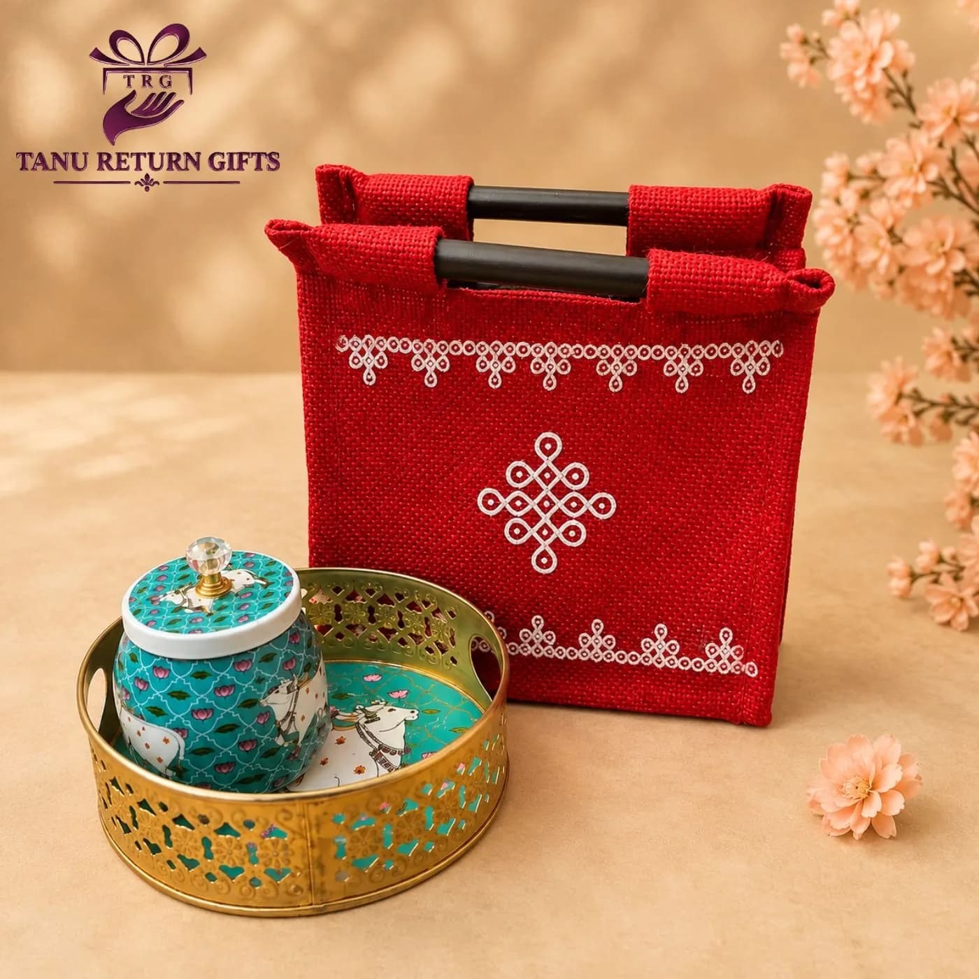 Pichwai Jar and Tray with Jute Bag - Housewarming Gift - Image 2