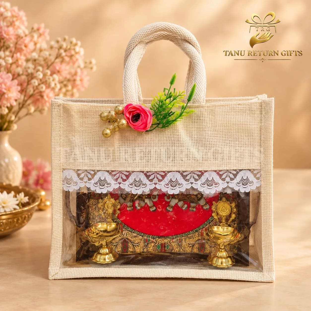 Elephant Wooden Tray with Sangu Chakra Diya Pair and Window Flower Jute Bag - Image 2