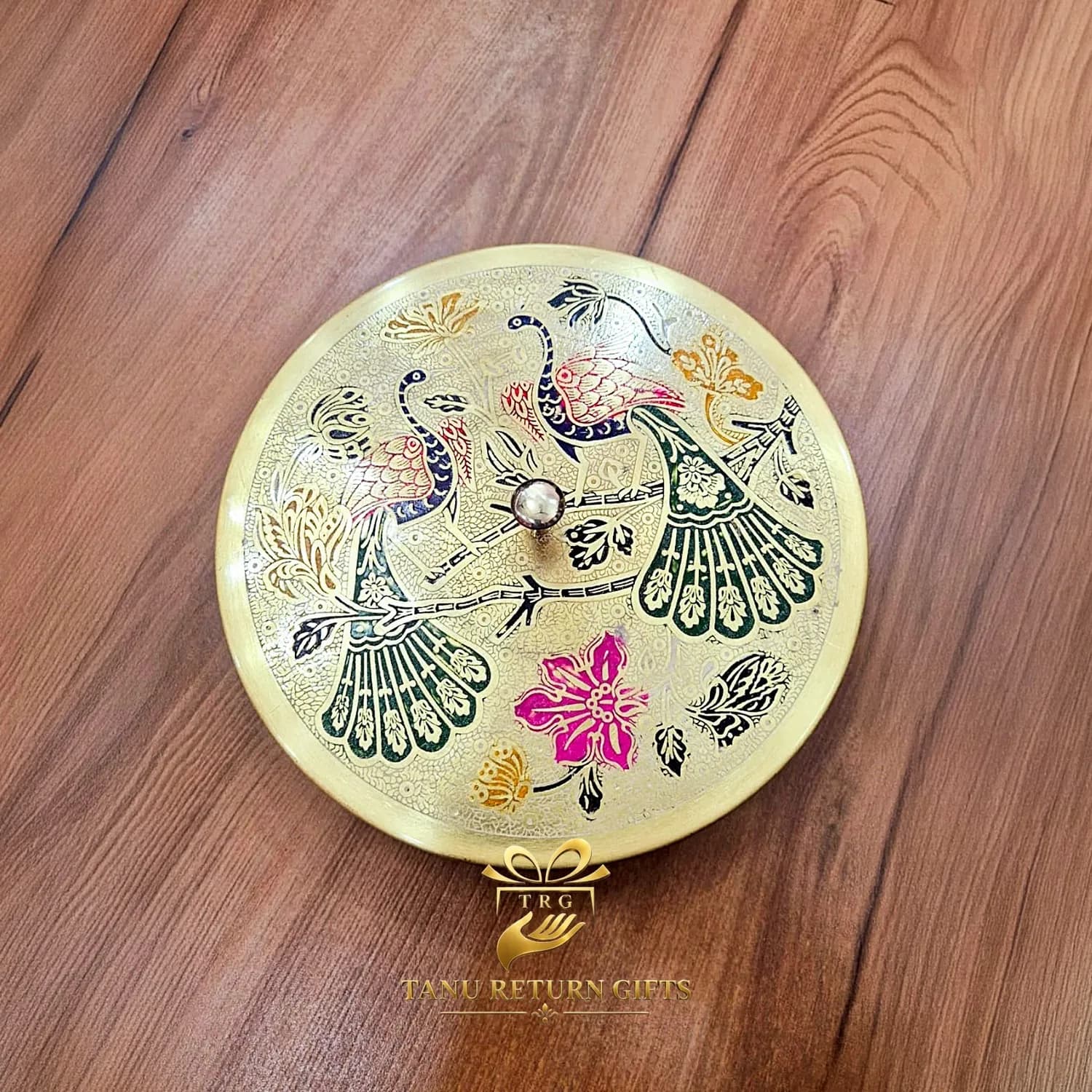 Brass Spice Box with Meenakari Peacock Lid - 8 Inch - Image 2