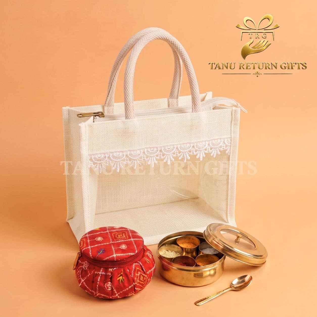 Brass Puja Box & Bangle Box with Jute Bag Gift Combo - Image 1