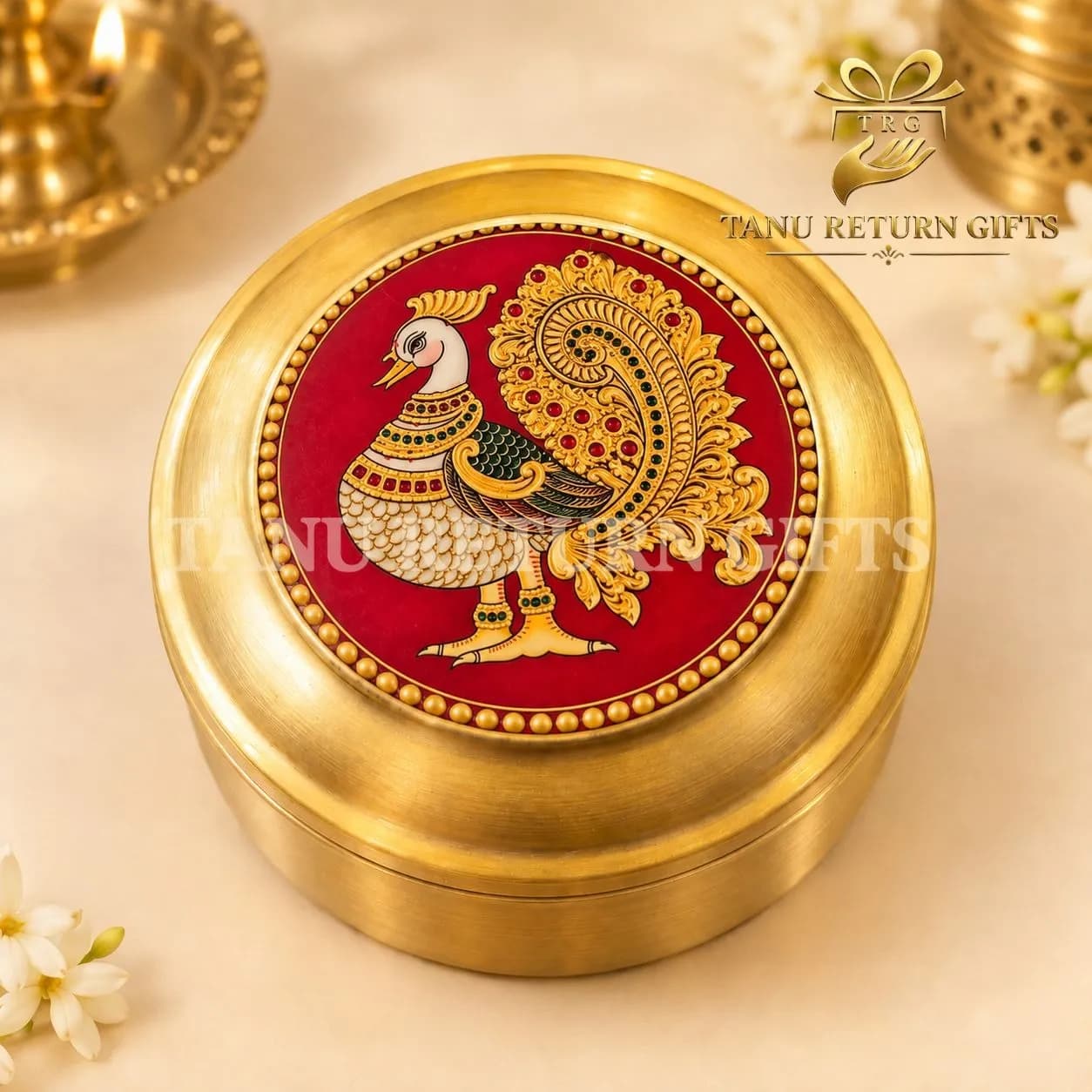 Brass Puja Box with Peacock Print - 4.5 Inch - Image 2