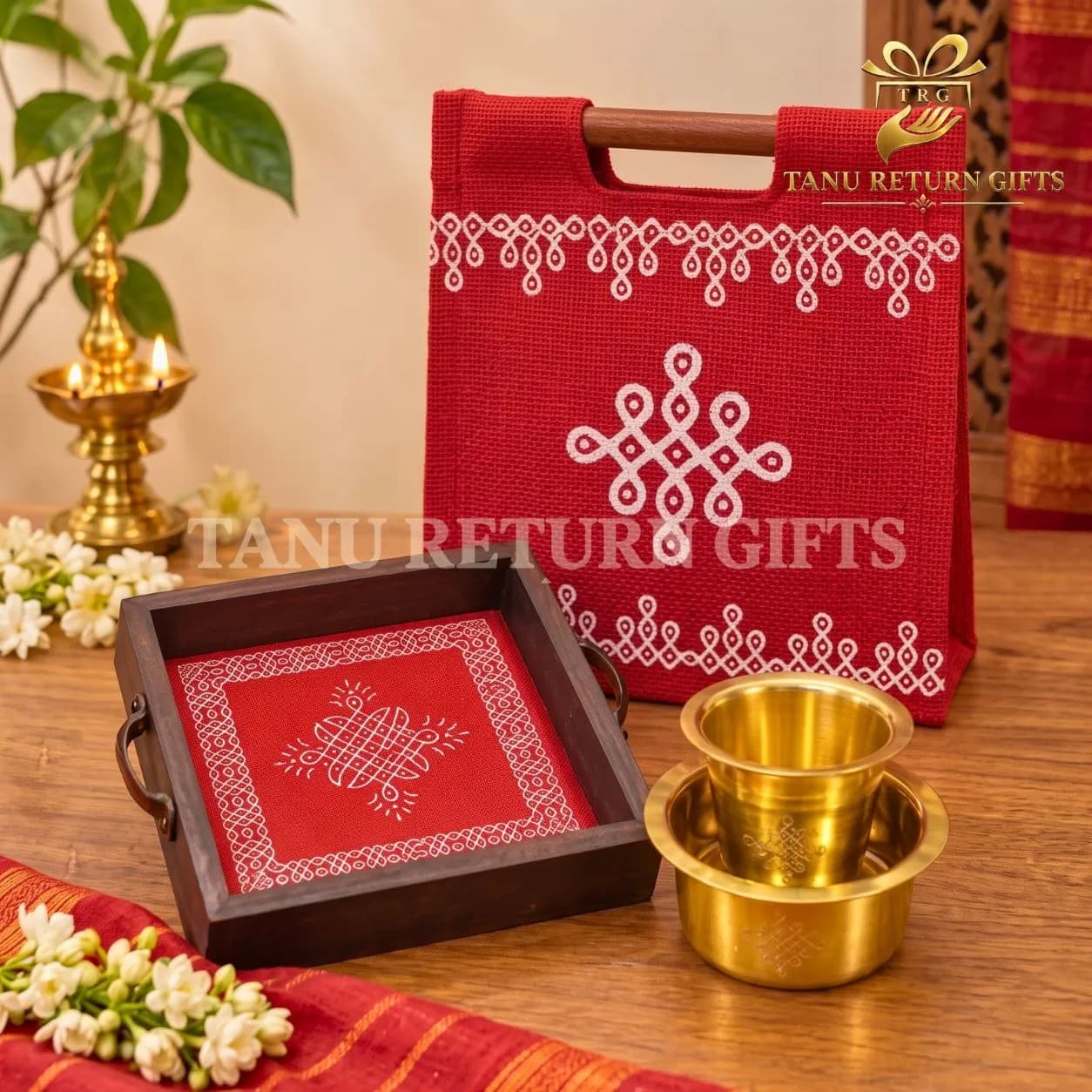 Brass Kolam Dabara Set with Kolam Wooden Tray and Kolam Jute Bag - Navratri Special Combo - Image 1