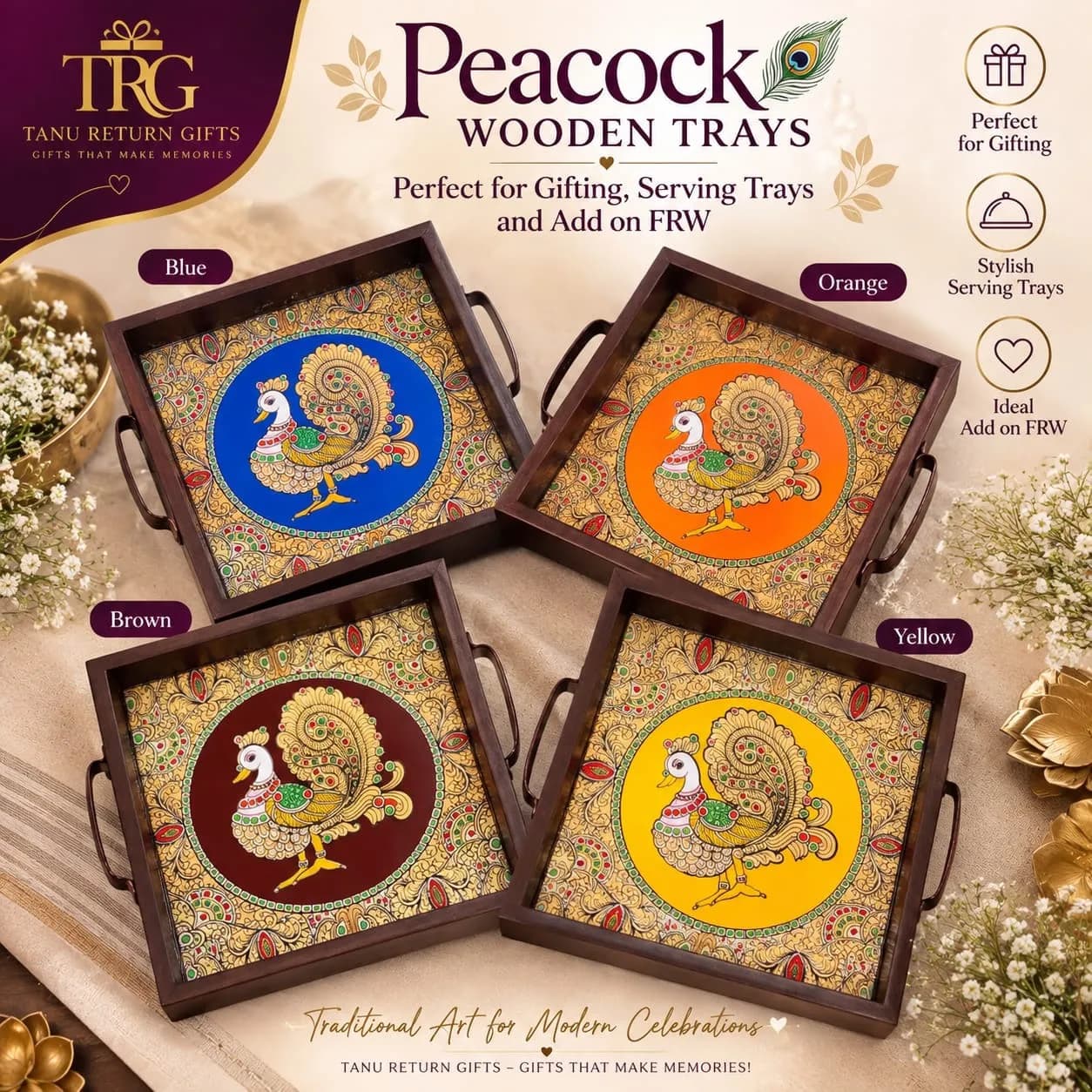 Wooden Peacock Square Tray - 8 Inch - Image 3