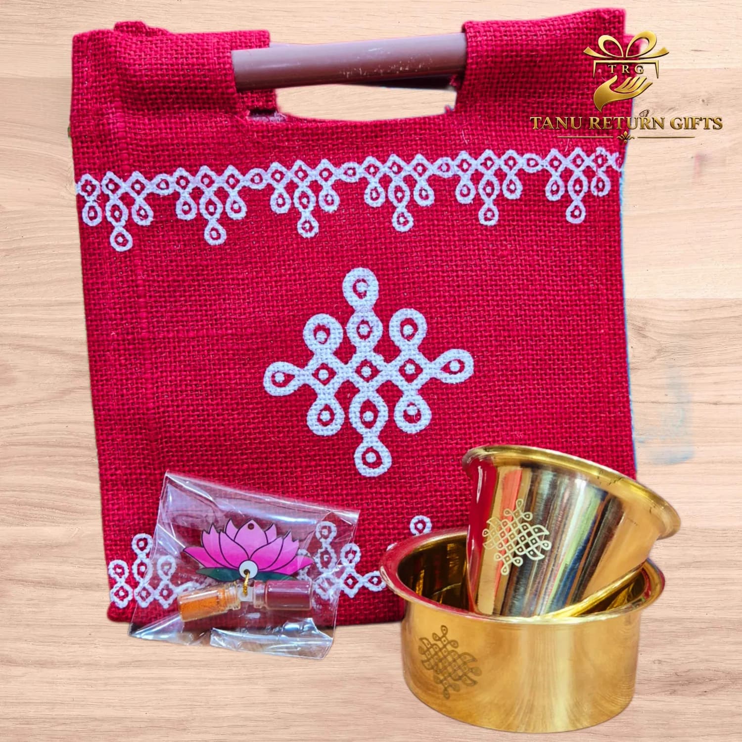 Brass Kolam Dabara Set with Kolam Jute Bag Combo - Image 3