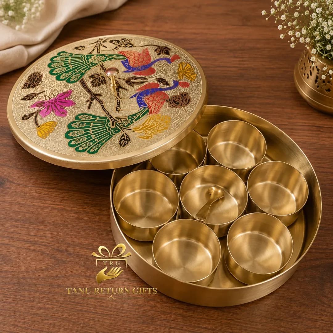 Brass Spice Box with Meenakari Peacock Lid – 9 Inch
