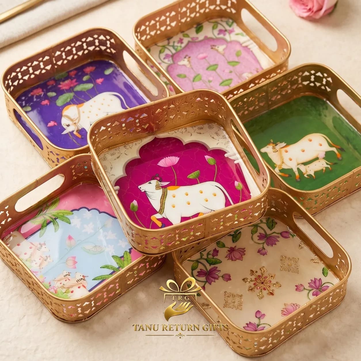 Pichwai Floral Square Metal Tray - Image 2