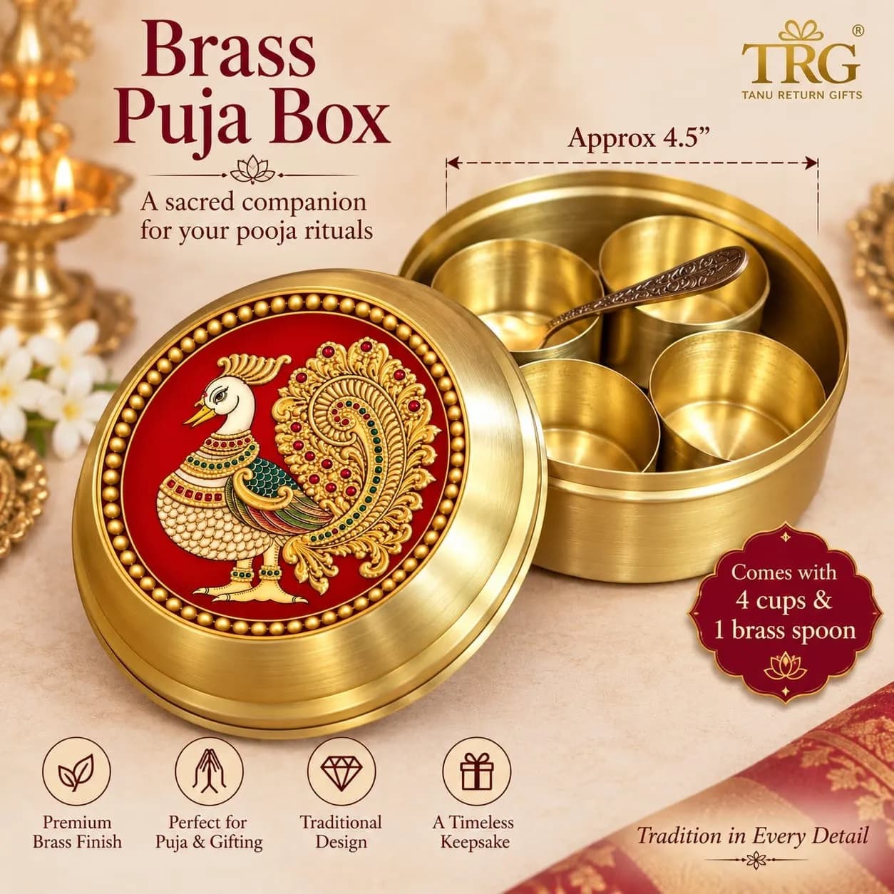 Brass Puja Box with Peacock Print - 4.5 Inch - Image 1