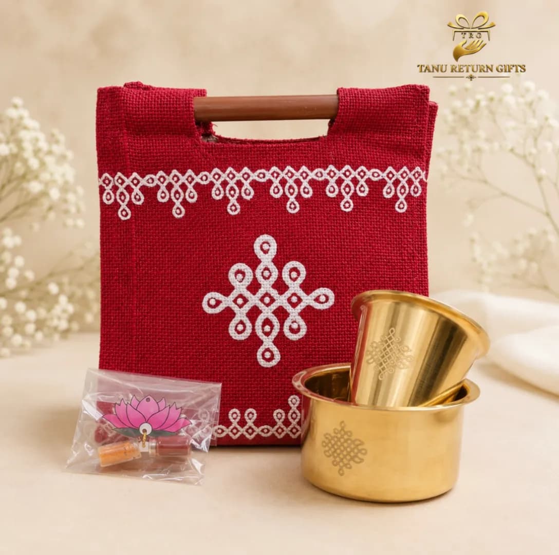 Brass Kolam Dabara Set with Kolam Jute Bag Combo - Image 1