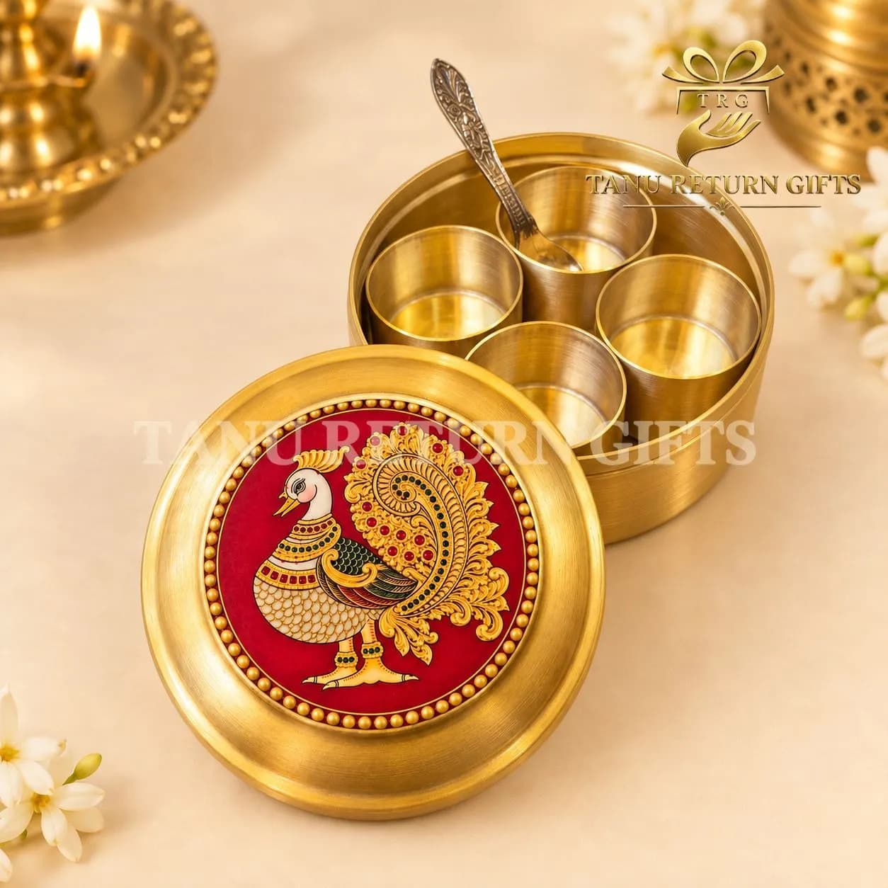 Brass Puja Box with Peacock Print - 4.5 Inch - Image 3