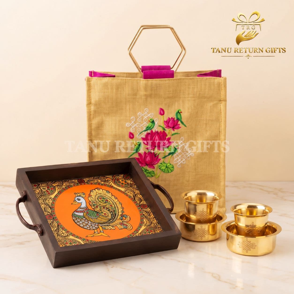 Brass Dabara Set and Wooden Peacock Tray with Parrot Printed Gold Tissue Jute Bag - Combo
