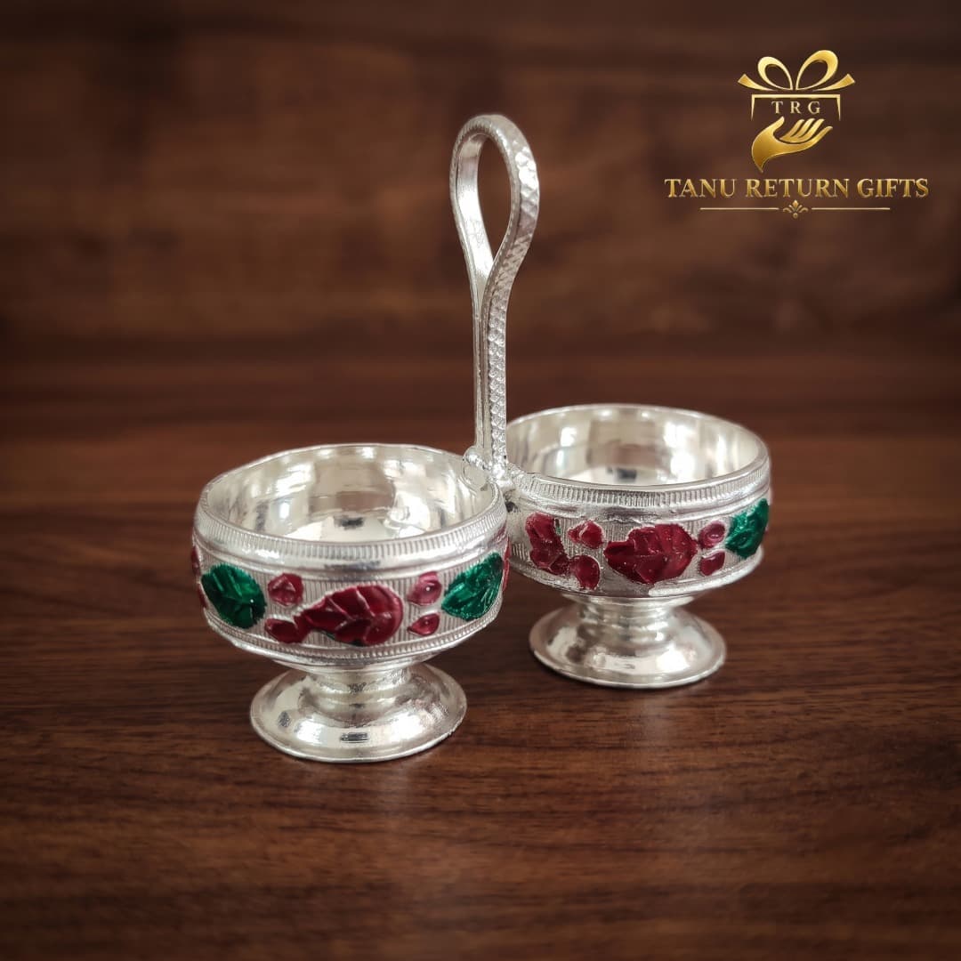 German Silver Meenakari Haldi Kumkum Stand - Image 1