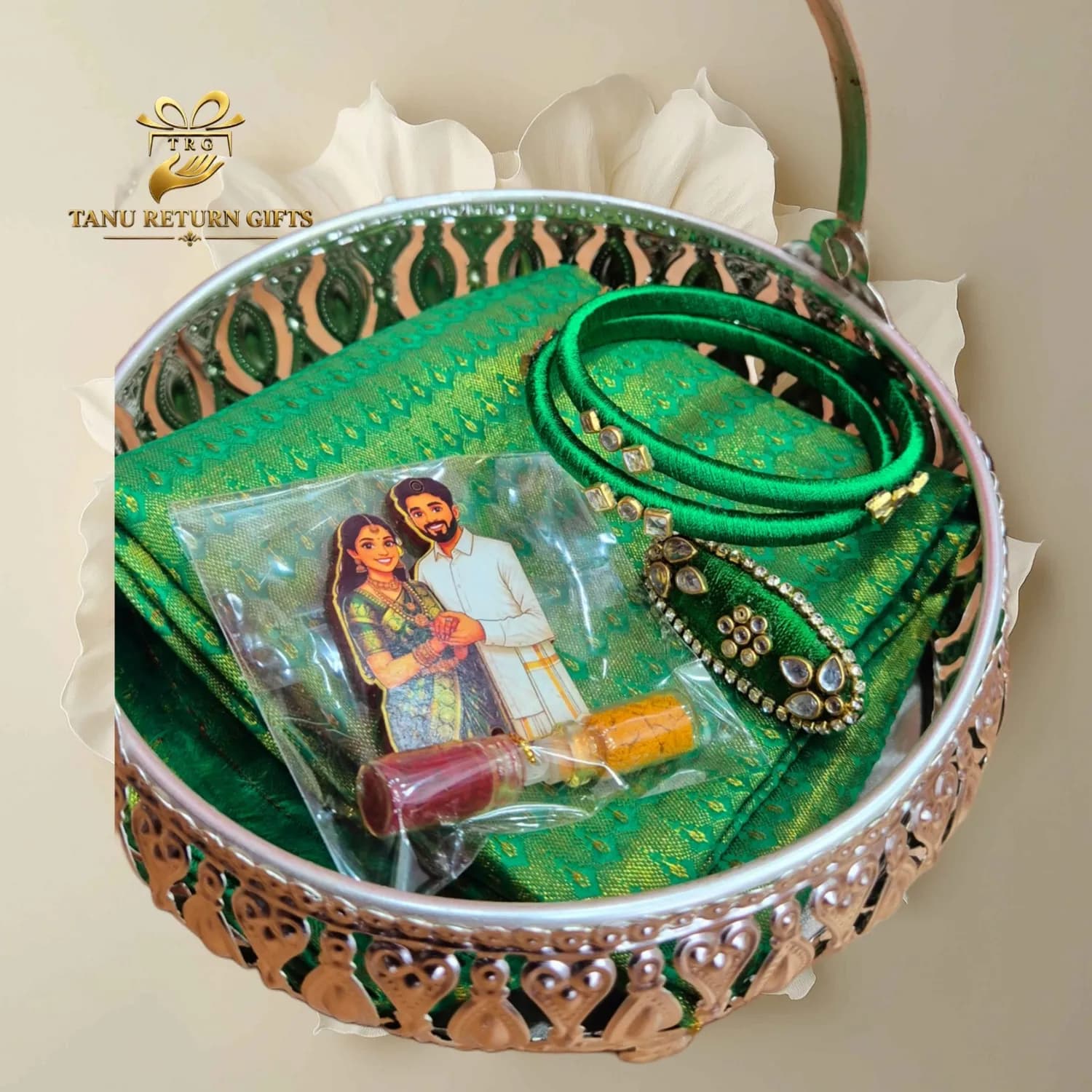 German Silver Basket with Jute Bag, Blouse Bit & Accessories - Wedding Thamboolam Combo - Image 3